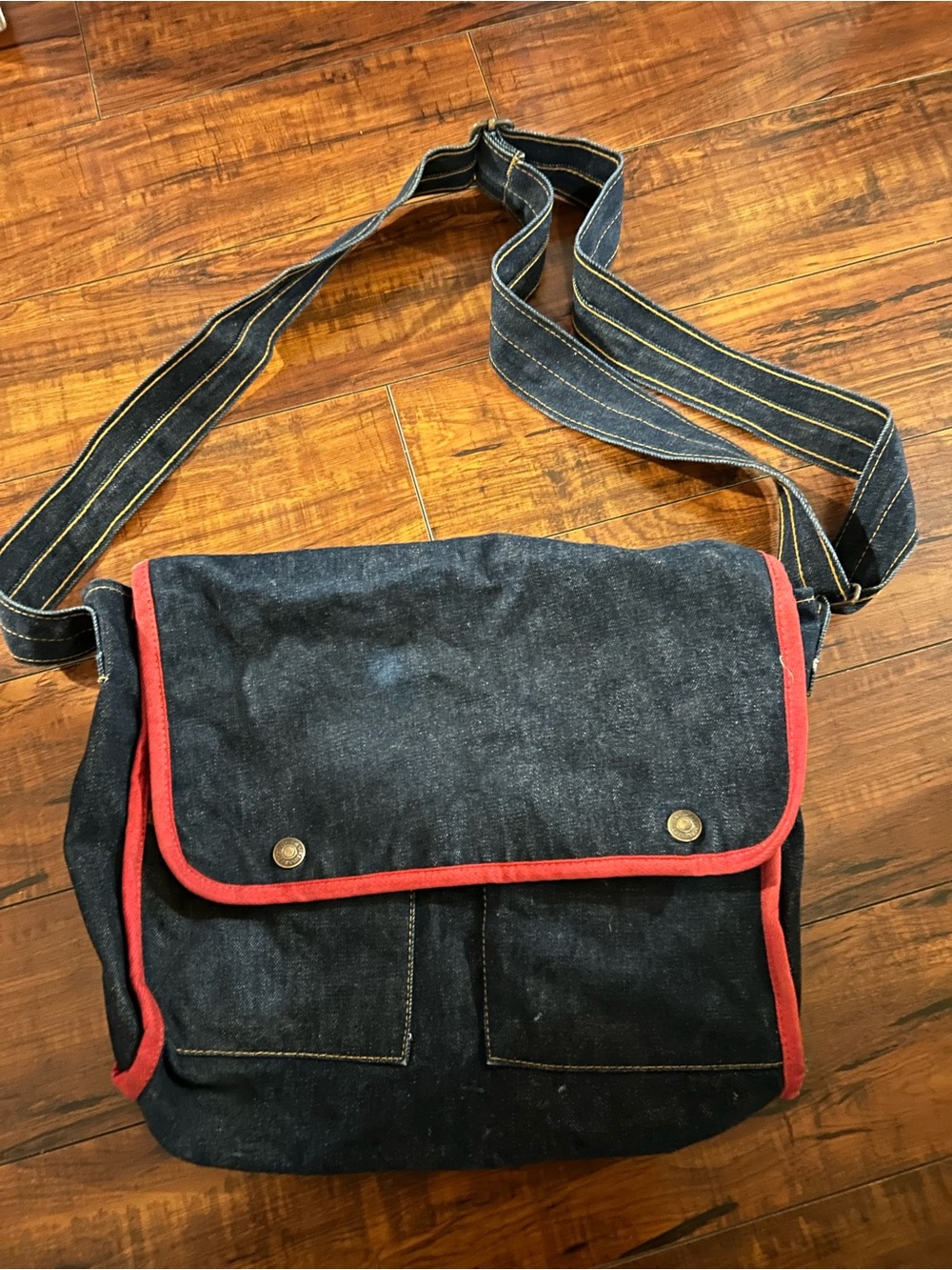 Levi's Dark Blue Denim Messenger Bag with Red Trim